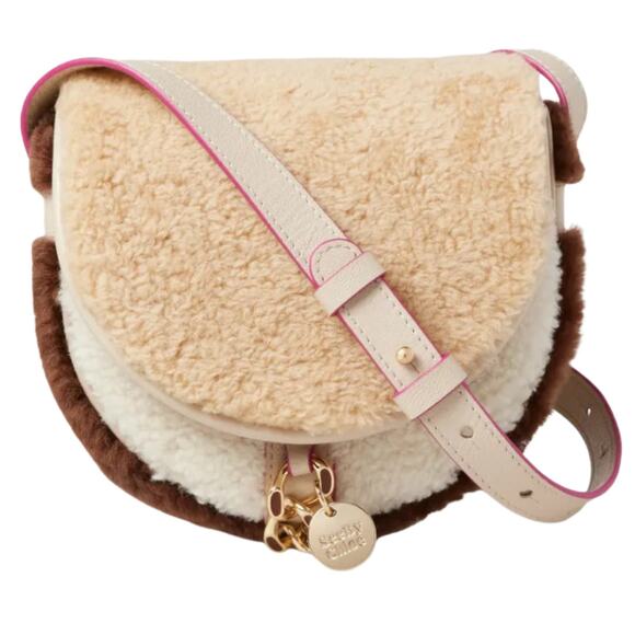 See By Chloe Mara Shearling Sherpa Leather Brown Cement Beige Small Saddle Bag - Picture 1 of 16
